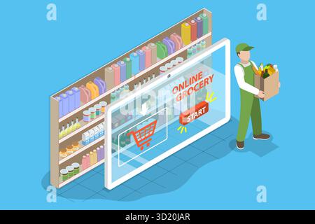 Illustration plate isométrique 3D de l'épicerie en ligne, supermarché Shopping3D illustration plate isométrique de l'épicerie en ligne S. Banque D'Images