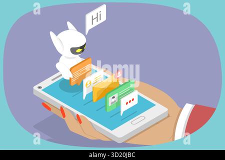 Illustration plate 3D Isométrique de Mobile Chatbot, App pour la messagerie SMS sur smartphone avec Chat Bot.3D Isomtric Flat Illustra Banque D'Images