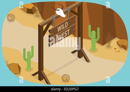 Illustration plate isométrique 3D de la composition du Far West, des cactus, des arbres et des portes en bois Banque D'Images