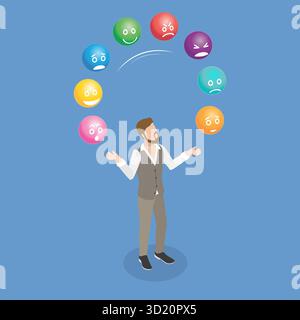 Illustration plate isométrique 3D de jongler avec les émotions, l'intelligence émotionnelle, équilibrer les multiples responsabilités et situations Banque D'Images