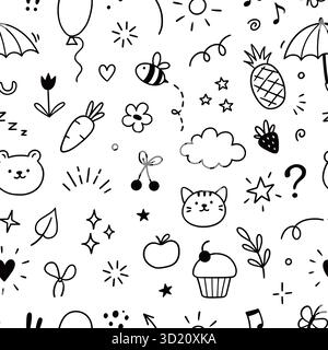 Motif enfant icône mignon. Modèle vectoriel sans couture avec visage heureux de bébés animaux et éléments amusants de bande dessinée. Design esquisses ludique avec des coeurs, des étoiles et des illustrations créatives dessinées à la main Illustration de Vecteur