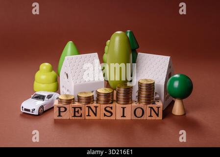 Inscrire pension comme toile de fond conceptuelle pour un fonds d'épargne, un stock de fonds, des biens Banque D'Images