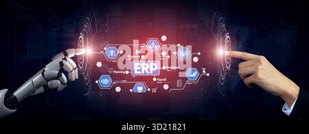 Une représentation créative d'un humain et d'un robot interagissant, mettant en valeur des éléments de planification des ressources d'entreprise à travers des icônes de réseau numérique, accentuation Banque D'Images