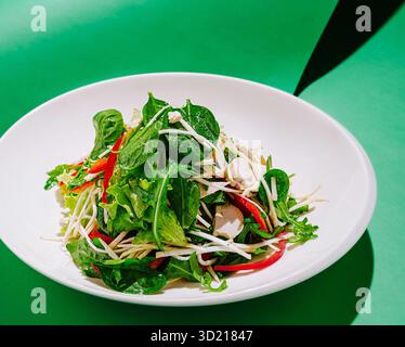 Salade verte fraîche avec des légumes vibrants sur une toile de fond colorée affichée dans un cadre lumineux Banque D'Images
