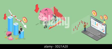 Illustration plate isométrique 3D de la faillite des entreprises, l'insolvabilité financière dans le monde des affaires Banque D'Images