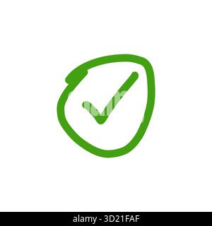 Symbole de vecteur de cercle de marque de coche dessiné à la main vert isolé sur blanc parfait pour l'illustration d'icône de vérification d'approbation ou les projets de conception numérique Illustration de Vecteur