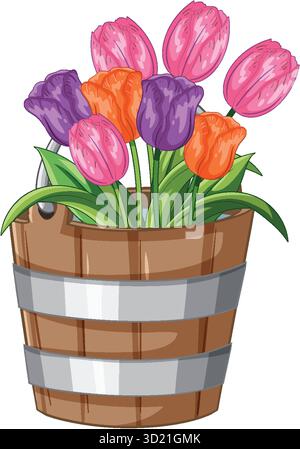Tulipes rose vif, orange et violet dans un seau en bois rustique, style de dessin animé vectoriel Illustration de Vecteur