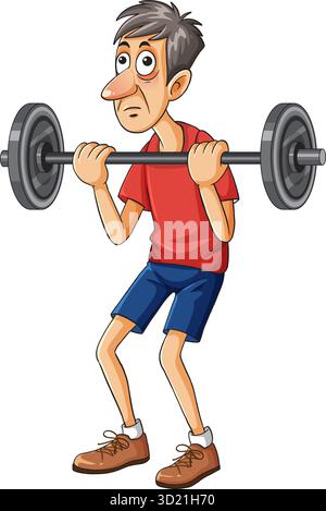 Homme skinny de dessin animé dans des vêtements de gymnastique soulevant une barre lourde, expression exagérée, fond blanc Illustration de Vecteur