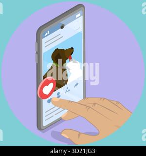 Illustration plate isométrique 3D de réseau social, Une personne tenant smartphone avec Pet Online Post Banque D'Images
