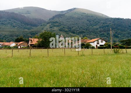 Une vue sereine sur la Cantabrie rurale avec des champs verdoyants et des maisons traditionnelles nichées dans le fond de la vallée de la rivière Saja Banque D'Images