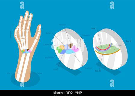 Illustration plate isométrique 3D des os carpiens, anatomie de la main et du poignet humains Banque D'Images