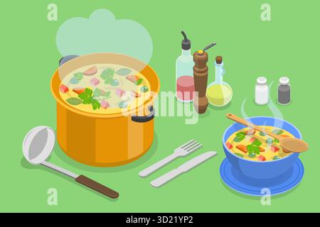 Illustration plate isométrique 3D de délicieux aliments végétariens , soupe de cuisson avec des outils de cuisine, des épices, et servir dans Un dis chaud Banque D'Images