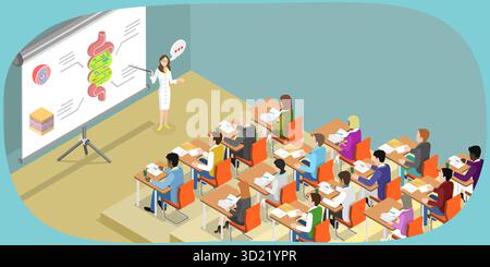 Illustration plate isométrique 3D de conférence médicale, leçon de l'école dentaire Banque D'Images