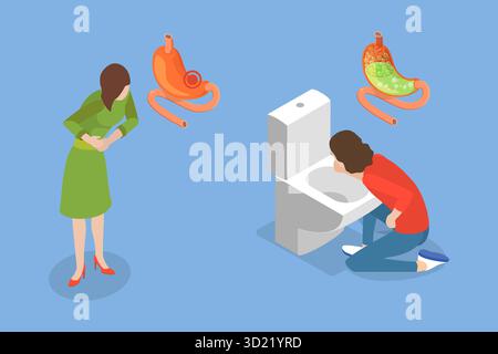 Illustration plate isométrique 3D de problème digestif, malade individuel déchargeant contenu de l'estomac Banque D'Images