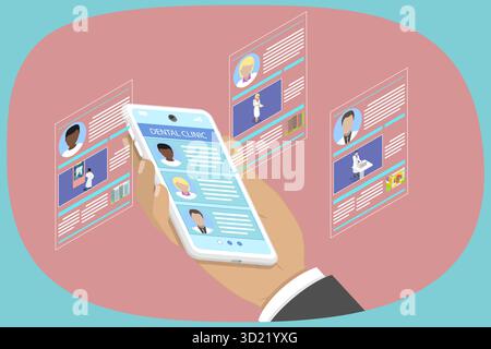 Illustration plate isométrique 3D de spécialiste en dentisterie, examen et traitement dentaires Banque D'Images