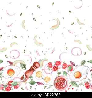 Modèle sans couture avec moulin à épices et produits sur fond blanc. Illustration aquarelle sur le thème du petit déjeuner pour le menu du restaurant et le design d'intérieur, Banque D'Images