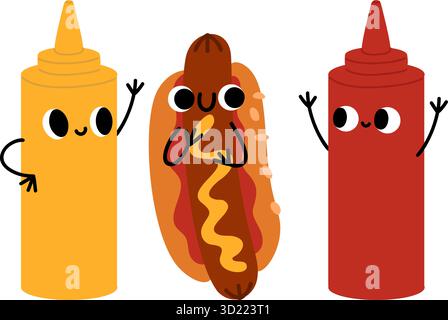 Mignons hot-dogs de dessin animé, ketchup et moutarde. Stylisé comme des personnages culinaires amusants. Bouteille de sauce avec les yeux et les mains. Joyeux burger. Assaisonnement au Chili. Souriant Illustration de Vecteur