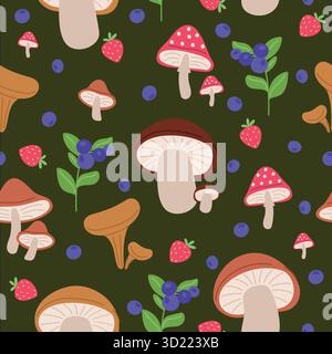 Divers champignons et plantes d'automne avec des baies sans couture. Amanita et chanterelle. Feuilles de myrtille. Fraise de forêt. Feuillage automnal Illustration de Vecteur