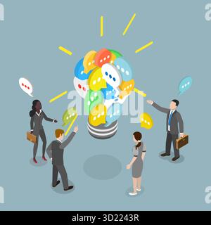 Illustration plate isométrique 3D de communiquer des idées et des discussions commerciales, travail d'équipe efficace Banque D'Images