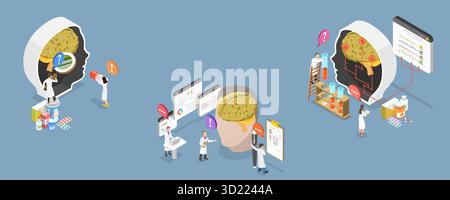 Illustration plate isométrique 3D de psychologie et neurologie, diagnostic et traitement Banque D'Images