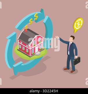 Illustration plate isométrique 3D de prêt de maison, homme d'affaires accepte des paiements réguliers en échange de la propriété dans le cadre de revers Banque D'Images