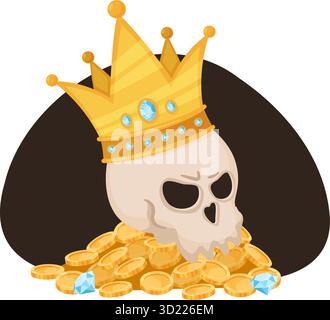 Le crâne humain portant une couronne d'or repose sur une pile de pièces d'or et de pierres précieuses. Trésor de pirates. Pierres précieuses en diamant. Argent comptant doré. Corsair Wealth Illustration de Vecteur