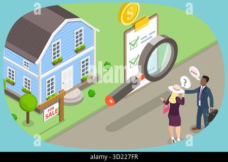 Illustration plate isométrique 3D de l'achat D'Une maison neuve, évaluation du prix de l'immobilier Banque D'Images