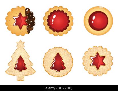 Ensemble de biscuits remplis de confiture de linzertorte et de fraise : sandwichs ronds, en forme de fleurs et de sapin de Noël Illustration de Vecteur