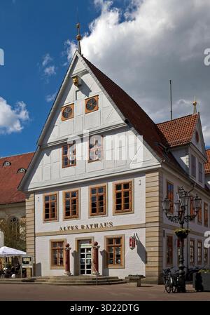 Ancien hôtel de ville, pignon sud avec pilori, celle, basse-Saxe, Allemagne, Europe Banque D'Images