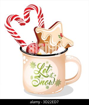 Let It Snow, mug festif au chocolat chaud avec biscuit au pain d'épices en forme d'étoile, guimauves, cœur de canne à sucre et garnitures de boule de pâte d'ipan Illustration de Vecteur