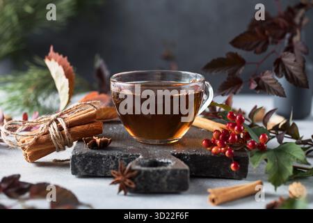 Délicieux thé fraîchement préparé dans une élégante tasse de verre sur la table avec un tableau noir et divers ingrédients naturels Banque D'Images