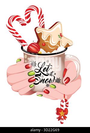 Mains tenant le mug chocolat chaud. Biscuits au pain d'épices, guimauves, boule à la pâte d'amande et garnitures en forme de cœur de canne à sucre. Dessert festif Art numérique Illustration de Vecteur