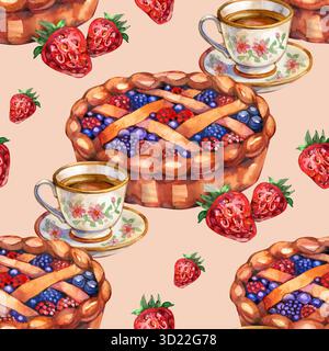 Motif aquarelle sans couture avec tarte aux baies, tasses à thé vintage et fraises, design de cuisine Cottagecore confortable, fond de dessert peint à la main pour Banque D'Images