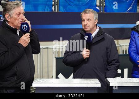 Paris, France. 29 octobre 2025. Nicolas de Tavernost, PDG de LFP Media, et Fabrice Herrault, directeur général du Paris FC, assistent au match McDonald's de Ligue 1 entre Paris FC et Lyon au stade Jean Bouin le 29 octobre 2025 à Paris, France. Photo par JMP/ABACAPRESS.COM crédit : Abaca Press/Alamy Live News Banque D'Images