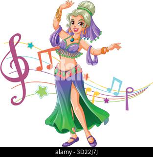 Danseuse du ventre de dessin animé en costume vibrant, dansant joyeusement avec des notes de musique flottantes et des étoiles Illustration de Vecteur