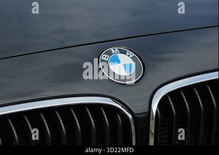 Logo BMW brillant sur le capot d'une voiture de luxe Banque D'Images