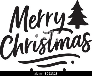 Lettrage de Noël joyeux manuscrit moderne avec Pine Tree Silhouette Black Vector Illustration de Vecteur