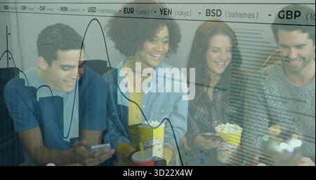 Cinq amis tenant des téléphones et pop-corn sur un canapé dans le salon, avec superposition de tableau de bord financier Banque D'Images