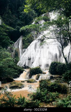 Cascade de forêt luxuriante cascades sur les rochers dans un ruisseau tranquille en contrebas. Ambon, Maluku, Indonésie Banque D'Images