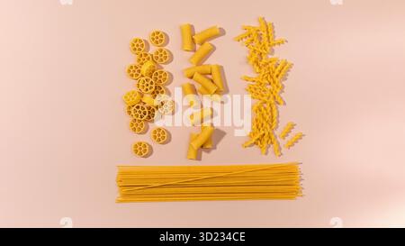 Assortiment de variétés de pâtes non cuites disposées en rangées sur un fond rose, présentant différentes formes Banque D'Images
