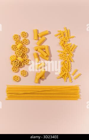 Assortiment de variétés de pâtes non cuites disposées en rangées sur un fond rose, présentant différentes formes Banque D'Images