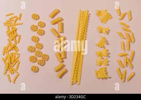 Assortiment de variétés de pâtes non cuites disposées en rangées sur un fond rose, présentant différentes formes Banque D'Images