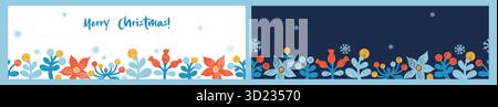 Bordures sans couture fleuries de Noël. Crayon fond d'hiver avec fleur, baies et flocons de neige sur blanc et bleu. Affiche horizontale du nouvel an Illustration de Vecteur