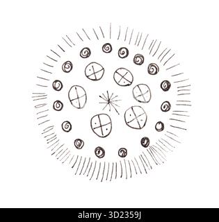 Motif circulaire avec des symboles abstraits et des lignes sur fond Banque D'Images