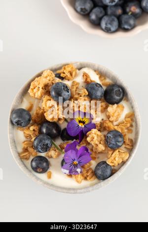Un petit déjeuner sain et nutritif composé de yaourts grecs naturels, de granola et de baies fraîches Banque D'Images