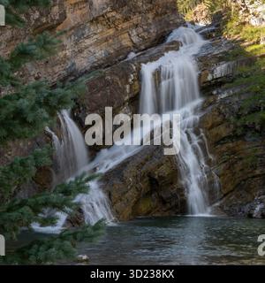 Cascade coulant sur des rochers stratifiés entourés d'une végétation luxuriante. Waterton Park, Alberta, Canada Banque D'Images