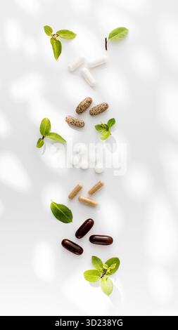 Diverses vitamines, comprimés et compléments alimentaires avec des formulations naturelles sur fond blanc. Banque D'Images