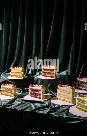 Gâteaux multicouches colorés affichés élégamment sur fond de tissu Banque D'Images