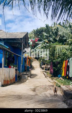 Rue de village tropicale animée avec des maisons colorées et une végétation luxuriante sous un ciel bleu. Pulau Rhun ou Rhun Island, Banda, Central Maluku Regency, Indonésie Banque D'Images