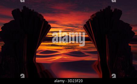 Paysage abstrait avec un ciel de coucher de soleil vibrant reflété dans une scène d'eau en miroir surréaliste. Banque D'Images